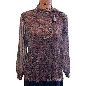 Vintage 1980s Sears The Fashion Place Paisley Sheer Bow Tie Blouse Women’s M